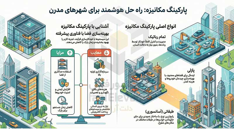 اینفوگرافیک پارکینگ مکانیزه و مزایا و معایب آن